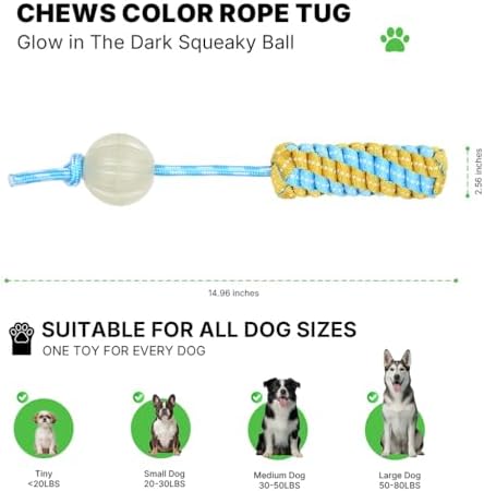 Knot Rope Dog Chew Toys, Glow in the Dark Dog Tug Toy with queaky Ball
