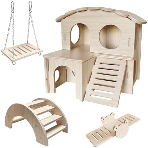 LOS ANDES Hamster Maze Double-Decker Wood House, Seesaw Toy, Bridge and Swing for Dwarf Gerbil Mouse Mice Rat Small Animals(Only for Small Hamsters)
