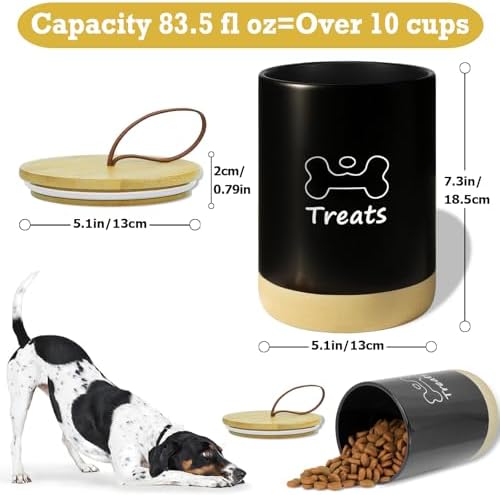 Dog Treat Container Airtight - 5 Inch Wide x 7.5 Inch Black Ceramic Dog Treat Jar for Kitchen Counter, Doggie Cookie Jar with Airtight Bamboo Lid - Farmhouse Style Dog Food Storage Container