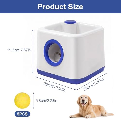 cjc Automatic Dog Ball Launcher,Interactive Fetch Toy for Small/MediumDogs,Pet Ball Thrower Machine for Outdoor Use with 5 PCS Balls,Adjustable Distance 20-40FT(Blue)