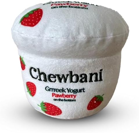 Chewbani Grrreek Yogurt – Luxurious Parody Plush Dog Toy with Squeaker, Premium Fabric, Embroidered Details, Designer-Inspired Chew Toy, Fun Gift for Small Dogs & Dog Lovers
