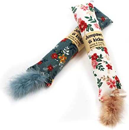 Jumpaws 2 Pack Natural Interactive Catnip & Silvervine Cat Kicker with Feathers, Bite Resistant Chew Toy, Crinkle Kicker, Accessories for Indoor Cat, Premium Corduroy Floral