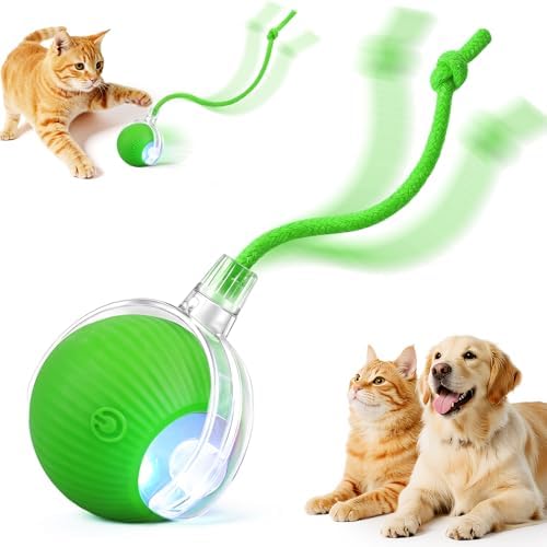 Interactive Automatic Rolling Electronic Stimulation Chase Ball Cat Dog Toy | Smart Electric Moving Stimulating Rechargeable Motion Activated Self Play Teaser for Boredom Small Dog Puppy Pet, with Rope