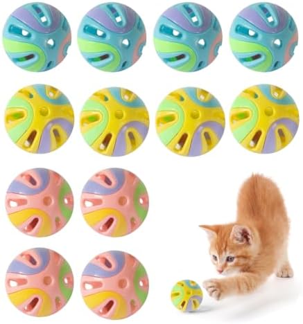 Colorful Cat Toy Balls with Bell 12PCS, Interactive Hollow Design, Plastic, Training Exercise Toy