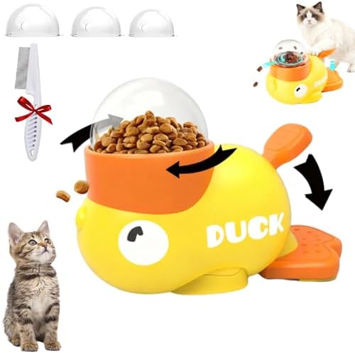 Cat Treat Toy, Duckie Puzzle Cat Feeder, Duck Treat Dispenser for Cats, Cat Treat Dispenser, Slow Feeder Interactive Puzzle Toy for Small Medium Pets, with Brush