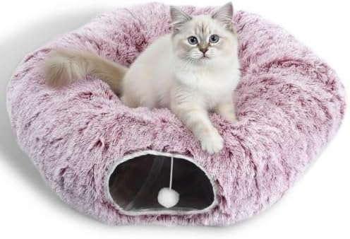 AUOON Plush Cat Tunnel Bed for Indoor Cats, 36"L x 36"W x 11.5"H, Rosiness