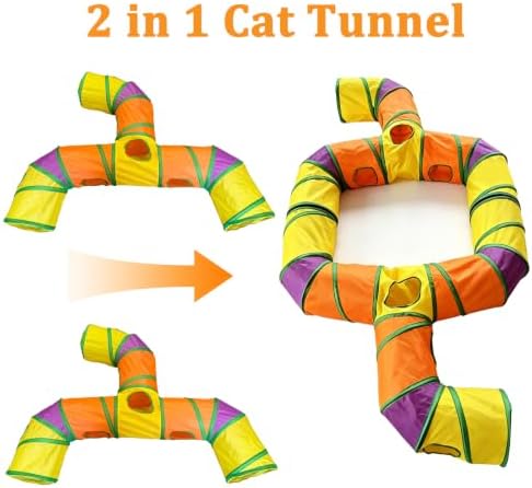 2 in 1 Cat Tunnel Set, Large DIY Free Splicing Cat Tunnels with Zipper, Collapsible Play Tunnel with Teaser Wand and Peek Holes, Interactive Pet Tube for Indoor Cats, Puppy and Rabbits (2 x T Shape)