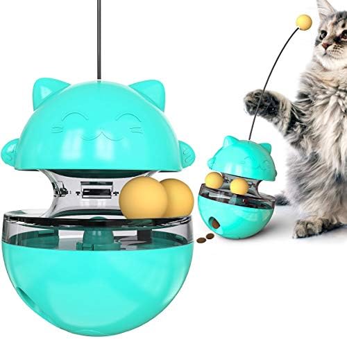 Premium Cat Treat Dispensing Toy, Wobbler Interactive Cat Feeder with Teaser Wand, Adjustable Slow Feeder Ball for Indoor Cats, Kitten Entertainment & Mental Stimulation (Blue)