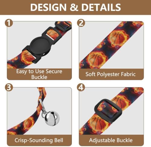 2 Pack Pet Collars Basketballs Fire Black Kitten Collar with Bell, Adjustable 10.6 to 17.1 Inches