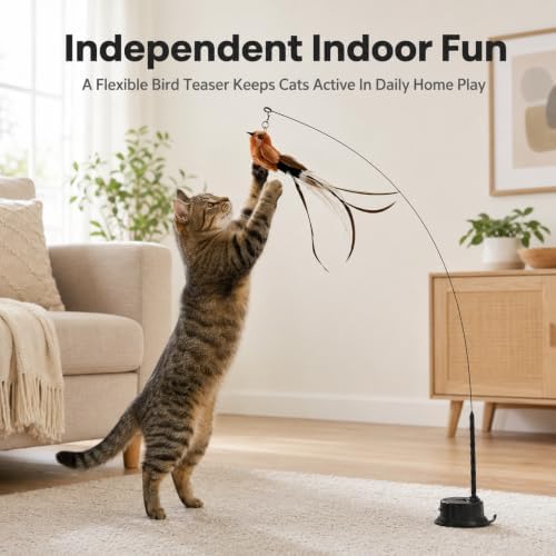 8 PCS Interactive Bird Simulation Cat Toy Set,Cat Wand Toy Feather Stick Cats Toys,2 Self-Holding Suction Cup Bases and 5 Replacement Birds,Durable Feather Wand Bird for Indoor Bored Cats