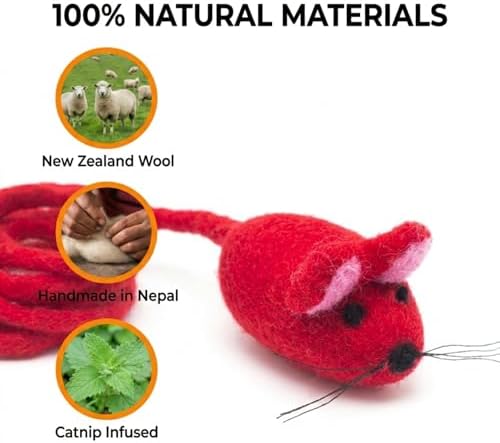Glaciart One Felt Mouse Cat Toy – Soft Fuzzy Enrichment 100% Natural Wool - Interactive Catnip Play Cat Toy Set - Safe for Pets, Non-AZO Colored Dyes - 42” Long