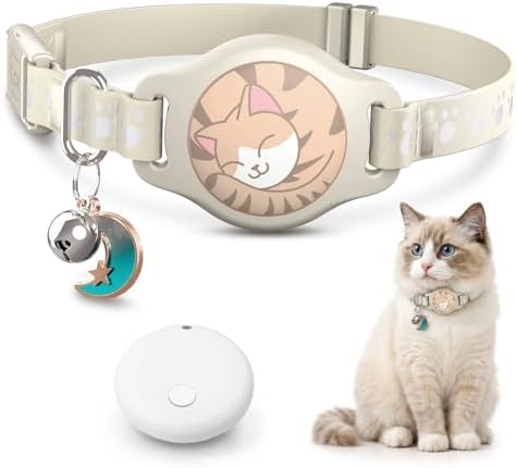 Cat Tracker Collar - Waterproof Airtag Cat Collar with Finder Tag, Khaki | Compatible with Apple Find My (iOS ONLY), Breakaway Tractive Design with Reflective Pattern & Bell (Not for Android Devices)