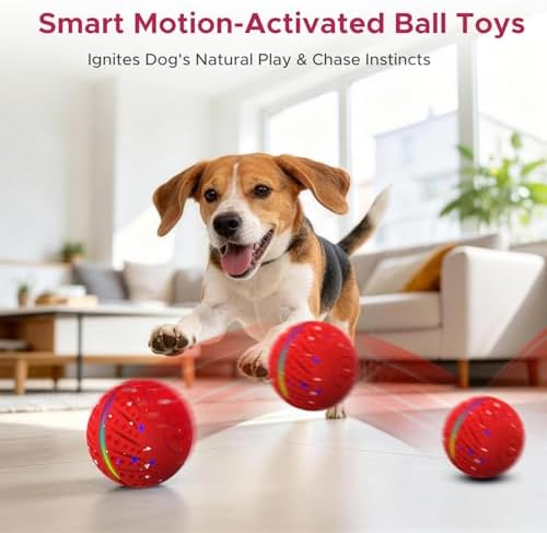 Dog Toys for Small Medium Dog to Keep Them Busy, Smart Interactive Dog Toys, Automatic Moving Bouncy Dog Balls 3-Modes with Lights, Motion Activated Rolling Dog Balls, Mental Stimulation, E-TPU Red