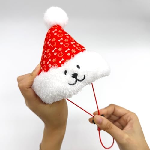 Christmas Santa Hat Plush Dog Toy (Small Size), Cute Soft Squeaky X’Mas Gift with Hidden Treat Pocket, Wearable Play Design, Crinkle Sound, Perfect for Small & Medium Dogs