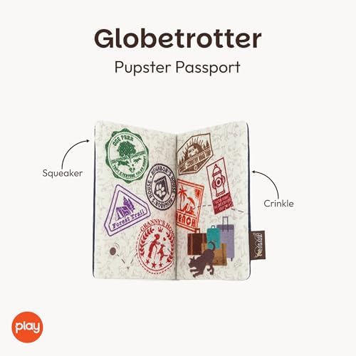 P.L.A.Y. PET LIFESTYLE AND YOU P.L.A.Y. Plush Dog Toys - Globetrotter Travel Themed Durable Squeaker Chew Toy for Puppies Dogs - Machine Washable, Recycled Materials (Pupster Passport)