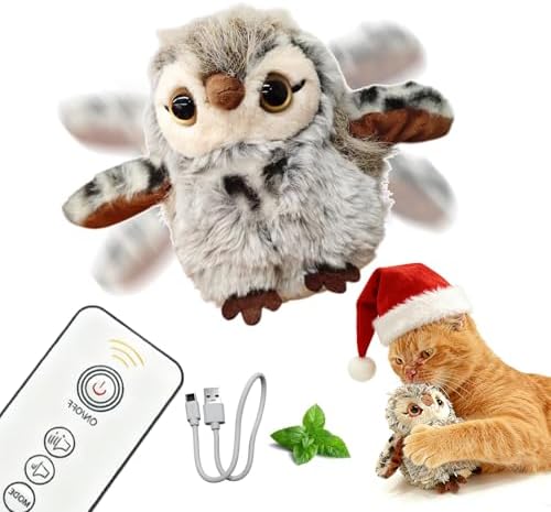 Puffluv Flapping Cat Toy,Interactive Owl with Remote Control, 3 Modes Flapping Wings & Chirping, USB Rechargeable,Catnip, Mimic Bird for Indoor Cats, Never Bored