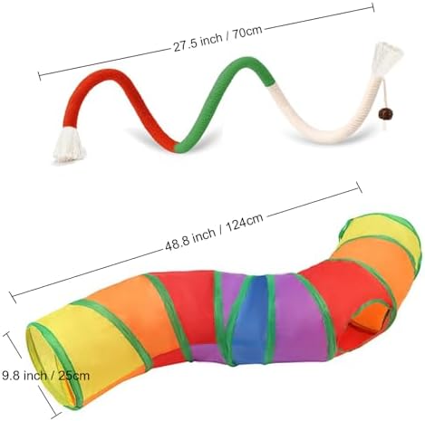 Collapsible Durable Rainbow Cat S-Tunnel & Chew Rope Set, Interactive Indoor Kitten Toy for Active Play
