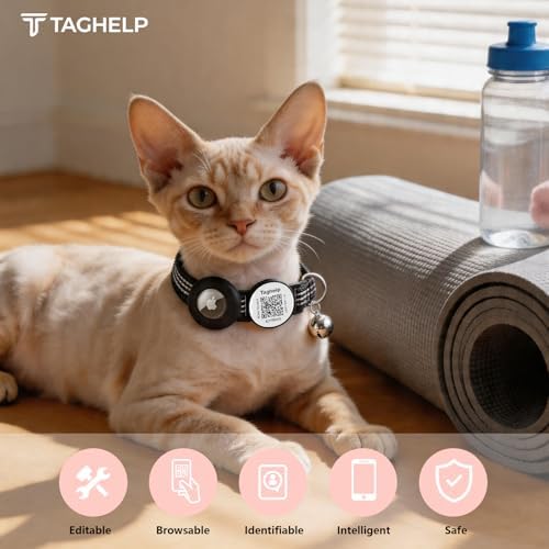 Airtag Cat Collar with Bell and Safety Buckle in 3/8" Width, Reflective Collar with Waterproof Airtag Holder Compatible with Apple Airtag for Cat Dog Kitten Puppy (Black)