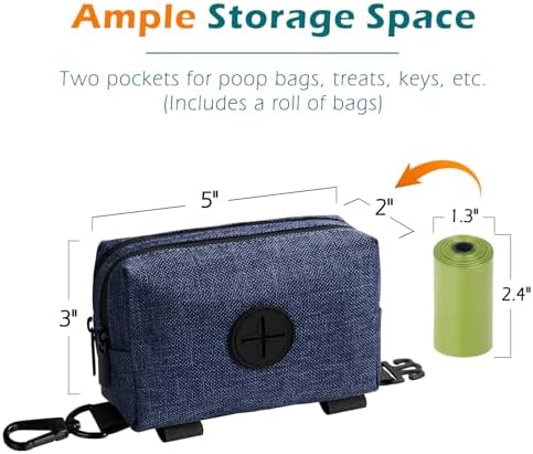 PetBonus Dog Poop Bag Holder, Portable Pet Waste Bag Dispenser, 2 Pouches for Treats and Walking Accessories, Fit All Leashes, Includes 1 Roll of Dog Poop Bags (Navy Blue)