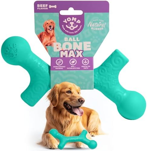 Yomp BallBone MAX: All-Natural Rubber Dog Toy, Nontoxic, Safe for Pet Play, Teal Color, Dishwasher and Freezer Safe for Teething Relief and Easy Clean up