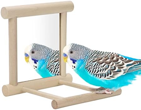 Wontee Bird Mirror with Perch for Parakeet Cage Bird Toys (Wood Color)