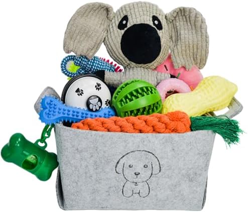 MRSOHRET 20Pcs Puppy Chew Toys for Teething, Dog Chew Toys with Rope Toys, Pet Dog Toothbrush, Treat Balls, Plush Toys and Squeaky Toy for Small Medium Dogs with Basket