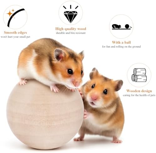 (2.36 inches) Hamster Wooden Grinding Ball Natural Pine Wood Non-Toxic Gnawing Toy pet Sports and Relaxation Supplies Golden Bear Flower Branch Mouse Teeth Care Interactive Ball