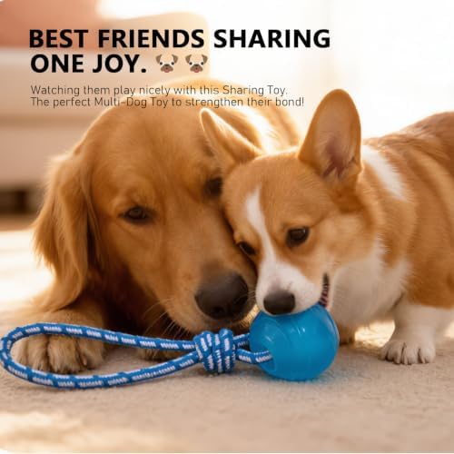 MECOOL Dog Rope Ball Chew Toy - Durable Tug of War Fetch Toy for Aggressive Chewers, Natural Rubber Ball with Braided Rope, Interactive Teething Toy for Medium Large Dogs,Bacon Flavored
