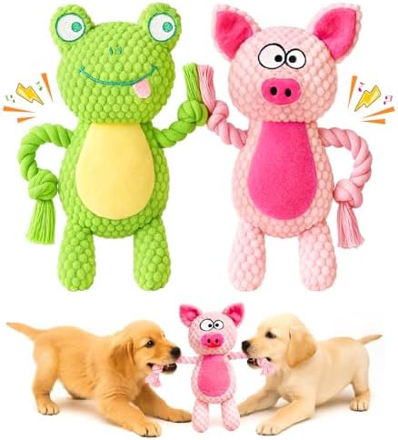 Swooflia 2 Pack Squeaky Dog Toys - Crinkle Plush Pig and Frog Toys for Puppies, Interactive and Stimulating Toy to Relieve Boredom for Small Dogs and Keep Them Busy