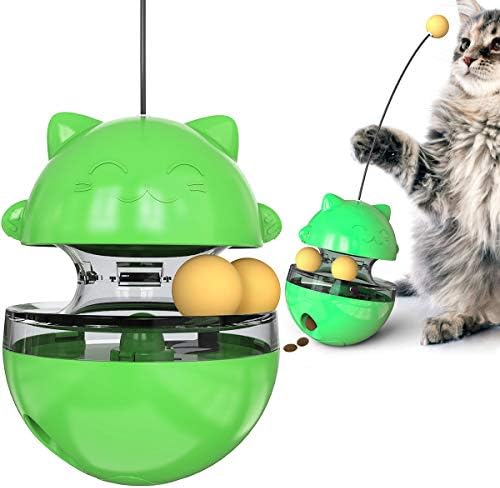 CYBERNOVA Interactive Wobble Cat Toy with a Teaser Wand, Built -in Treat Dispenser/Pet Puzzle Toy/Slow Feeder for Cats and Kitten (Green)