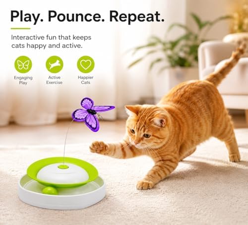 2-in-1 Auto Interactive Cat Toy, Fluttering Butterfly & Rolling Track Ball