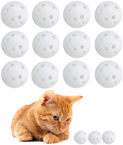 Low Noise No Bells Cat Ball Toy, 12Pcs White Plastic Golf Balls with Holes, Funny Interactive Cat Toys for Bored Indoor Cats,Cute Kitten Kitty Toys(1.65")