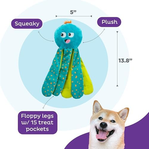 Outward Hound Nina Ottosson Silly Legz Octopus Dog Toy Treat Puzzle, 13.8" | Roll-Up Legs, 15 Hidden Treat Pockets, Plush Floppy Body, Squeaker in Head, Interactive Snuffle & Seek, Dogs & Puppies
