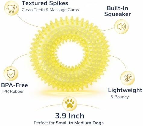 Squeaky Spiky Dog Ring Toy for Teeth Cleaning & Gum Massage 3.9 Inch Small Medium Dogs Yellow | Spiny TPR Rubber Chew Toy for Fetch Play Interactive Bouncy Dental Ring Durable BPA Free Nontoxic Floats