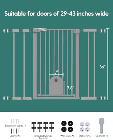 Babelio 36" Tall Baby Gate with Adjustable Cat Door, CatPrivilege I, 29-43" | Auto Close, Safety Gate for Stairs, Easy Walk Thru with Pet Door, Includes 4 Wall Cups and 3 Extension Pieces, Gray