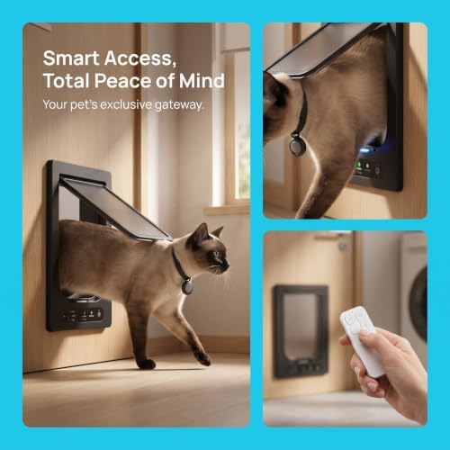 Smart Pet Door Cat Door, Automatic Pet Door, with Collar Sensor & Remote Control, Controllable Entry and Exit Directions(4 Locking Ways), 10.35"x11.73", for Cats & Small Dogs Brown