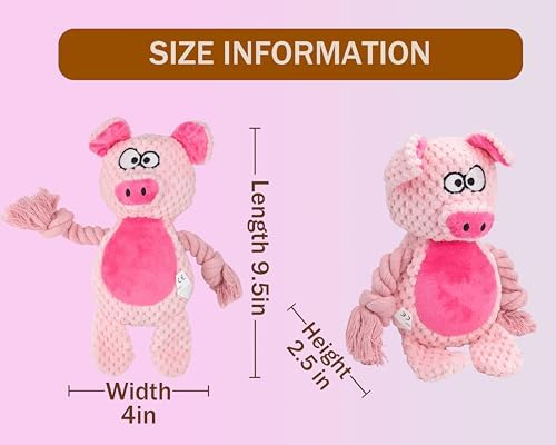 Squeaky Dog Toy Chew Plush Stuffed with Cotton Rope Crinkle Paper Soft Interactive Durable for Small Medium Large Dogs Puppy Pet Pink Pig