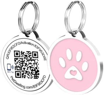 Pet Dwelling Smart QR Code-NFC Pet ID Tag - Dog Tags - Cat Tags - Online Pet Profile - Instant Email Alert -Scanned QR Tag GPS Location (Pink Paw)