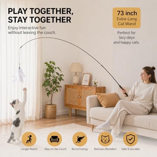 12PCS Interactive Cat Wand Toy Set, 2PCS Retractable Cat Teaser with 10 Replacement Refills (Feathers, Worms, Fish, Extra String), Extendable Cat Fishing Pole for Indoor Cats Exercise & Play