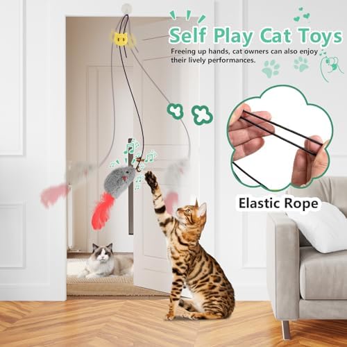 FYNIGO Self Play Cat Toys,2 Pack Door Hanging Cat Mouse Toy with Squeaky Sound,No Batteries Required,Interactive Cat Enrichment Toys for Bored Indoor Adult Cats,Cat Boredom Toys Mice with Feather Tail