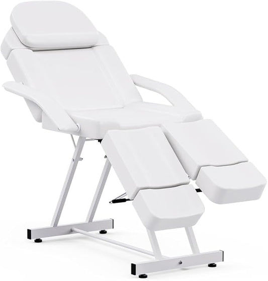 SyyBhb Multi-Purpose Massage Table Tattoo Bed Chair with Storage Pocket for Esthetician, Split Legs, Adjustable Length & Angle, 3 Section, White
