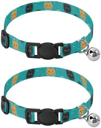 Cute Cartoon Cat Black Orange Kitten Bell Collar 2 Pack Cats Collar Adjustable Length 10.6" to 17.1"