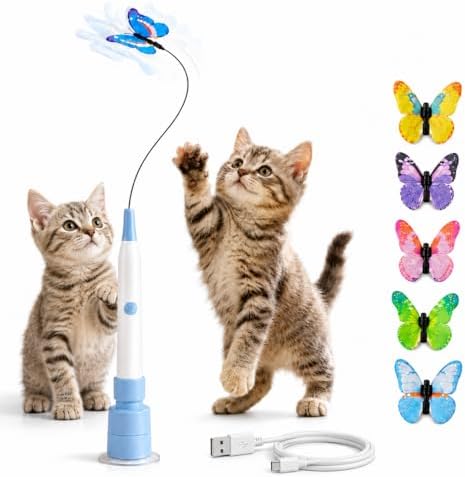 Rechargeable Butterfly Cat Toy for Indoor Cats, Electric Cat Wand with Suction Cup Base, 2 Play Modes, Self-Play & Handheld Cat Wand with 5 Cloth-Buckle Butterfly Refills, Blue