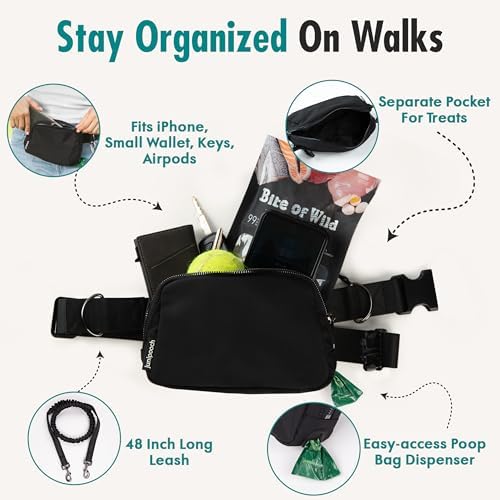 Hands Free Dog Leash with Dog Treat Pouch - Stylish & Trendy Waist Leash for Dog Walking - Wear on Waist or Crossbody - Durable & Detachable - Shock Absorbing - Waste Bag Dispenser - Walk or Run
