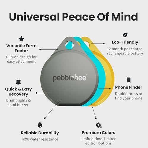 Pebblebee Clip 5 Bluetooth Tracker Tag for Keys & Bags, 130dB Siren | Alt to Air Tag & Android Trackers | LED Strobe, 12-Mo Battery, Alert Safety Mode