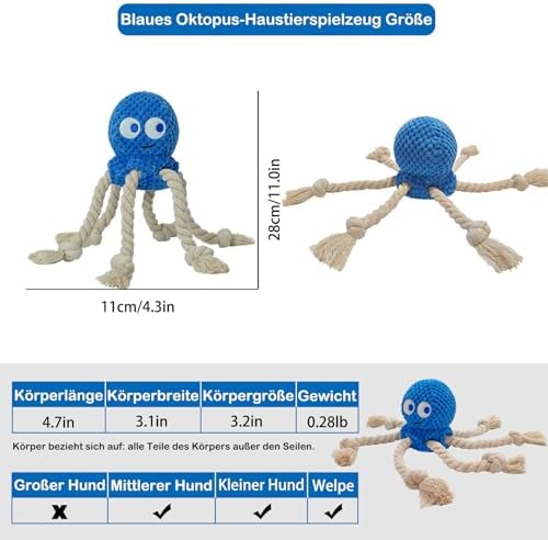 Cute Marine Animal Dog Squeaker Chew Toys, Interactive, Blue Octopus