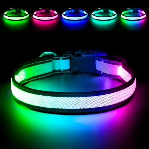 Flashseen Multicolor LED Light Up Dog Collar, RGB 9-Mode, USB Rechargable