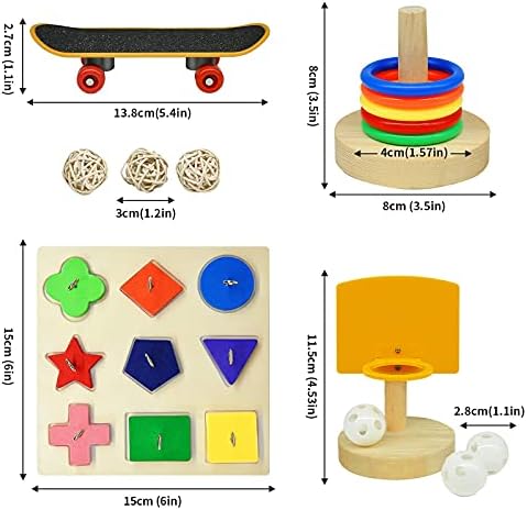 Bird Toys for Parakeets,5pcs Parrot Toys Set (Include Basketball Hop,Skateboard,Stacking,Parrot Wooden Block Puzzles,Small Sepak Takraw) Parakeet Toys for Bird Training Toys