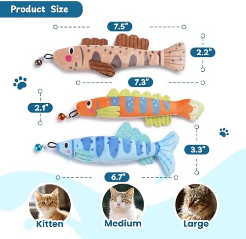 Catnip Toys, [12000mg] Extra Large Toys for Indoor Cats with Removable Bell, 100% Natural North American Catnip Floppy Fish Cat, Crinkle Sound & Soft Cotton-Free Surface