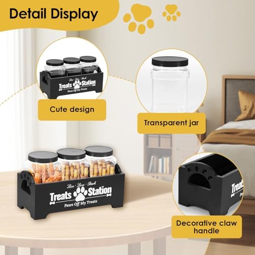 Dog Treat Container, Dog Food Storage Container with 3 Plastic Treat Jars, Wood Countertop Dog Treat Holder, Reusable Dog Treat Storage Organizer, Pet Food Container for Dogs Cats (black)